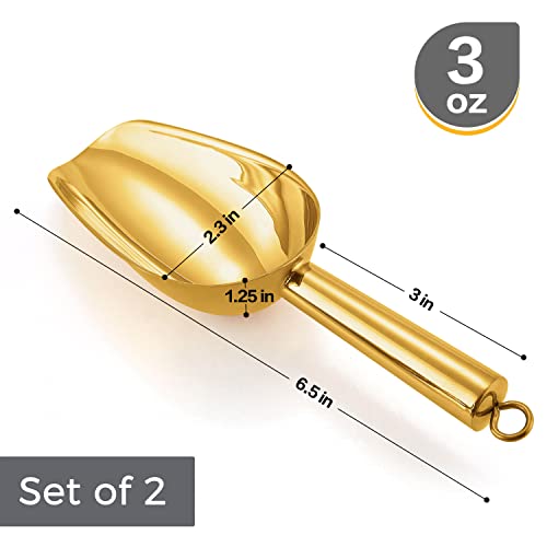 Herogo 3oz Mini ice Scoop Set of 2, Small Stainless Steel Scooper for Candy/Flour/Bean/Pet Food/ Ice Cube, Metal Utility Scoops for Kitchen Bar Party Wedding, Dishwasher Safe & Heavy Duty, Gold - color: Gold