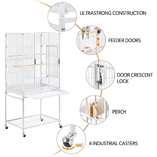 Topeakmart 54-inch Flight Bird Cage with Stand Wrought Iron Bird Cage for Parakeets Parrots Green Cheek Conures Budgies Finches, White - color: White