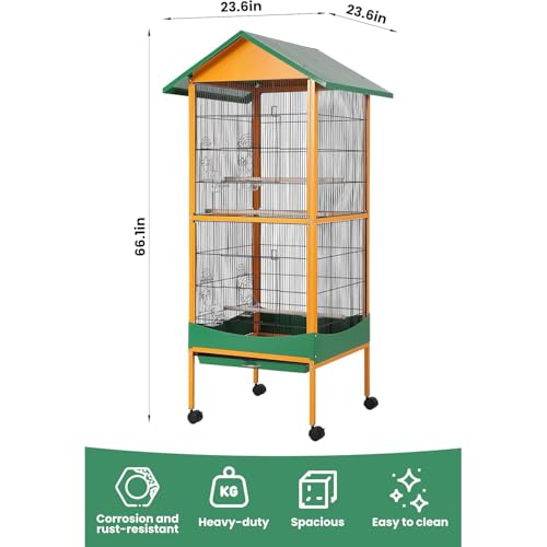 66'' Extra Large Parrot Bird Cage with Rolling Stand, Removable Tray, Waterproof Roof & Lockable Casters, Durable Wrought Iron Bird Cages for Macaw, Cockatiel, Budgie, Lovebird