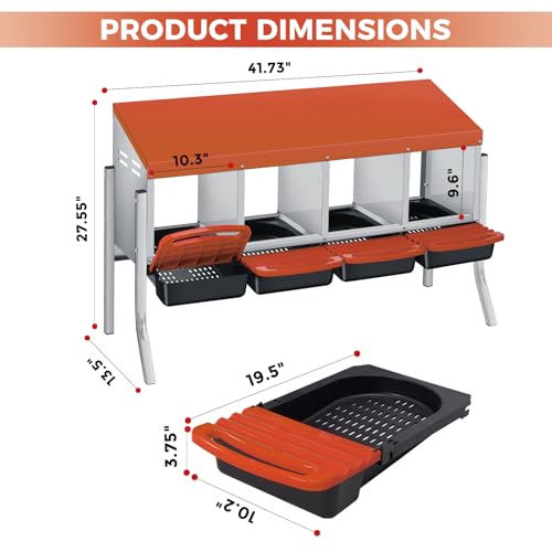 Chicken Nesting Box, 4 Compartment Roll Away Design for High-Volume Egg Collection and Easy Wall Mounting with Metal Legs - color: orange, size: 4 holes with legs