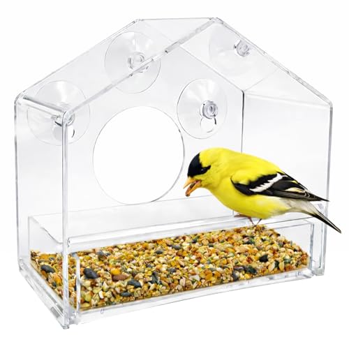 Window Bird Feeder with Strong Suction Cups, Clear Acrylic Window Mounted Bird Feeder, Removable Sliding Tray, Weather-Resistant, Durable, Squirrel-Resistant, House Style - size: House