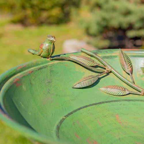Zaer Ltd. Deep Well Made Metal Birdbath with 2 Cast Iron Birds and Leaf Decoration (Verdi Green) - color: Verdi Green