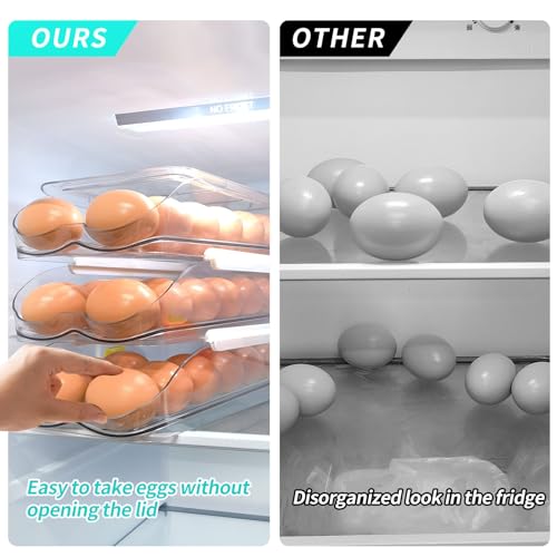 RoskDeewat Egg Holder for Fridge, Automatic Rolling Egg Container -2 Tier | Stackable Fridge Organizers and Storage with Lid, Sturdy Clear Plastic Egg Dispenser & Tray for Refrigerator - size: 2 Tiers Holder 28 Eggs