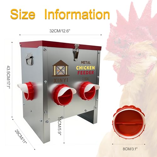XINYI 7.1 Gallon Auto Chicken Feeder, 6 Ports Galvanized Chicken Feeder,Large Chicken Food Container No Waste & Rodent Proof Chicken Food Dispenser System, Weatherproof Duck Feeder - size: 6 ports