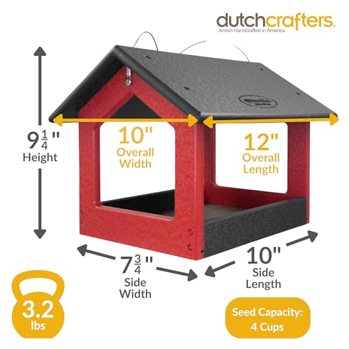 DutchCrafters Amish USA Made Recycled Plastic Large Hanging Modern Fly Through Covered Roof Open Platform Tray Bird Feeder for Outdoors, Garden, Yard (Black & Red) - color: Black & Red