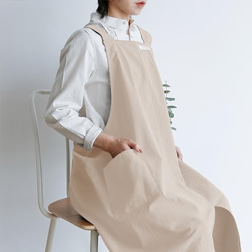 Cotton Aprons for Women and Men | Cross-Back Apron with Pockets - color: Oatmeal