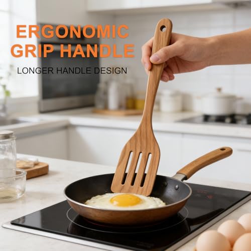 Acacia Wood Kitchen Utensil Set Wooden Spoons for Cooking Turner Spatula | 8 Pcs Best Bamboo Non Toxic Cooking Utensils Scraper Spurtle Kitchen Slotted Cooking Spoon Flat Egg Flipper Wok Spatula Set - color: 8Pcs-Utensils