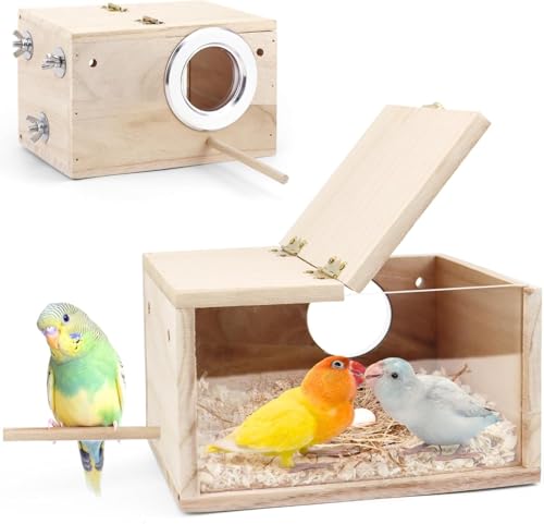 Parakeet Nesting Box - Visual Wooden Bird Nest Breeding Box | Bird Cage House with Perch for Lovebirds Cockatiel Budgie Finch Parrot