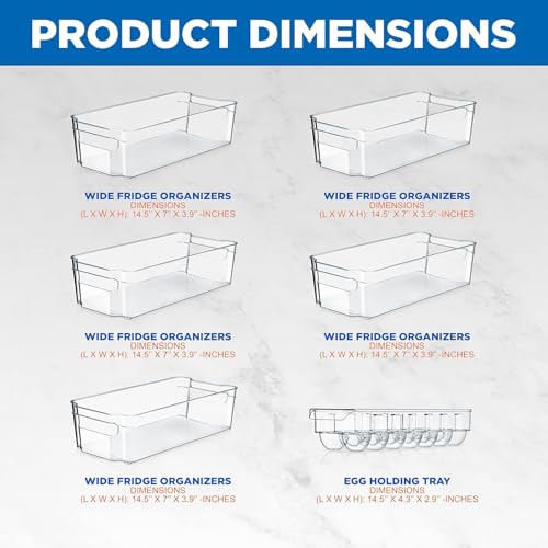 NutriChef Refrigerator Organizer Bins 6-Piece - Plastic Storage Bins with Egg Holder - For Fridge, Freezer, Kitchen, Cabinet, Countertops, Pantry - Stackable Food & Drink Containers, 14.5"x7" - Clear - style: 6-Piece