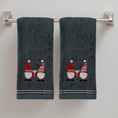 Christmas Gnomes Towel Set: Grey Hand Towels with Red White Embroidery Jolly Nordic Gnome - color: Gnome Friends