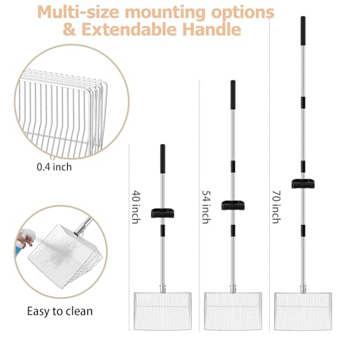 Chicken Poop Scooper with Ergonomic Grip | 15-inch Large Sifting Head, Adjustable Length 24 to 70", Stainless Steel, for Chicken Coop/Goat Stall/Stable Cleaning