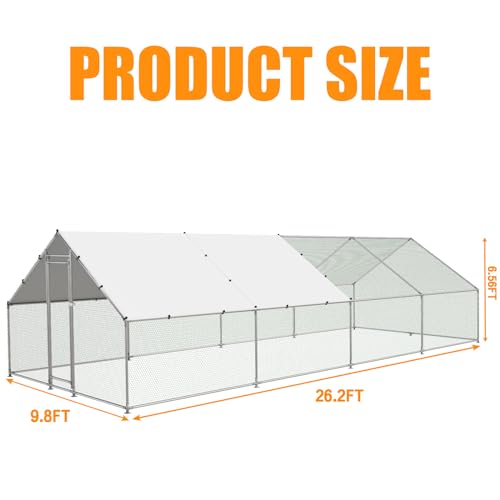 NUGRIART Extra Large Metal Chicken Coop Walk-in Poultry Cage Hen Duck Run House with Waterproof & Anti-UV Cover Galvanized Rabbits Habitat Spire Shaped Cage for Outdoor Yard Farm Use - size: 26.2' L x 9.8' W x 6.56' H