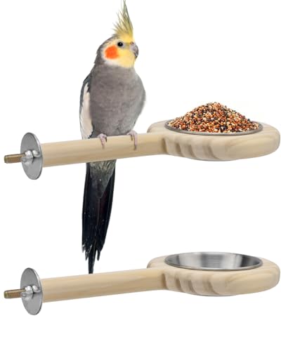 KATUMO Bird Perch Feeding Cup Birds Platform Parrot Wood Perch Stand Toy Cage Accessory for Parakeet Lovebird Cockatiel Conure Budgie Small Parrots (L Perch (Pack of 2))