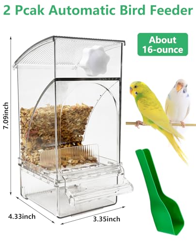 Hamiledyi 2Pcs No Mess Bird Feeder Automatic Bird Cage Feeder Transparent Acrylic Parrot Seed Food Container with Perch for Parakeet Finch Lovebirds Budgies Canary - color: Transparent Feeder - 2 PCS
