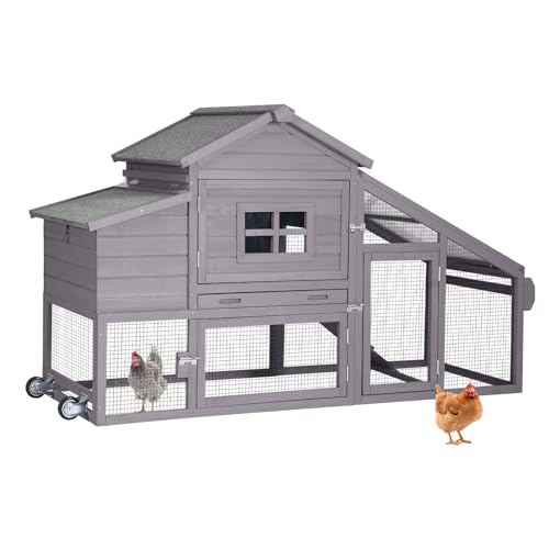 Wooden Chicken Coop, Large Chicken Tractor with Wheels, Weatherproof Hen House with Nest Box and Removable Tray, Mobile Poultry Hutch for 2-4 Chickens, Rabbits & Ducks (Grey) - color: Grey, size: 72.3"L x 26.0"W x 39.4"H
