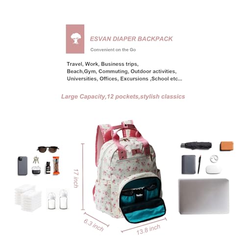 Diaper Bag Backpack Corduroy Multifunction Baby Fashion Travel Pack office Laptop Bag - color: White Pink Flower