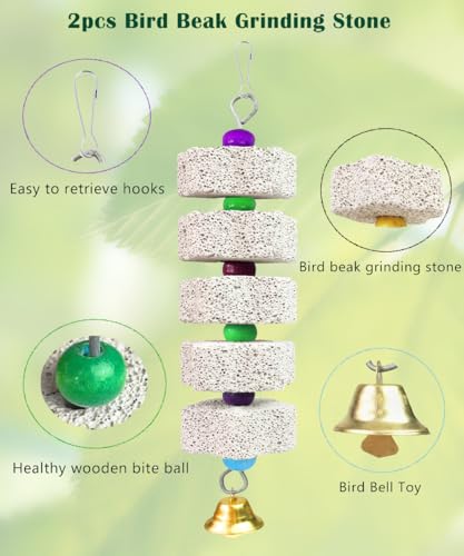 2Pcs Bird Beak Grinding Stone, Mineral Block for Birds, Chewing Toy | Easy Hanging African Grey Toys with Bells, Lava Block Calcium Supplement Food for S/M Birds Cockatiel Hamster Chinchilla
