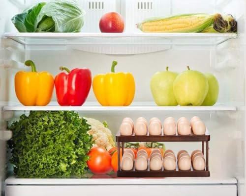 Acacia Wooden Double Layer Egg Holder, 36 Capacity Farmhouse Kitchen 2 Tier Fresh Egg Storage Rack Basket, Deviled Eggs Plates Eggs Tray Organizer for Countertop
