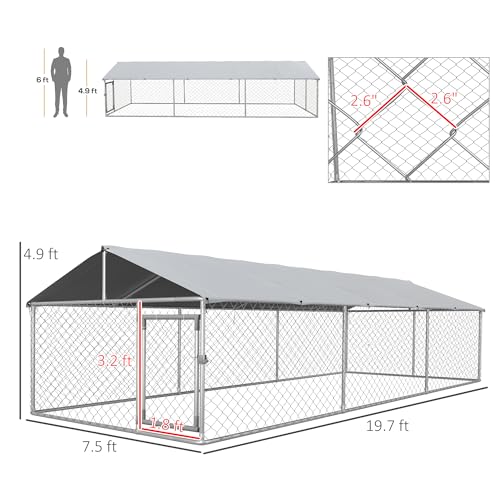 PawHut Outdoor Dog Kennel, Heavy Duty Dog Run Outdoor Fence with Waterproof Cover, Galvanized Chain Link, Secure Lock, for Large Sized Breeds, Chickens, Ducks, 20' x 7.5' x 5' - size: 236.2"L x 90.6"W x 59.1"H