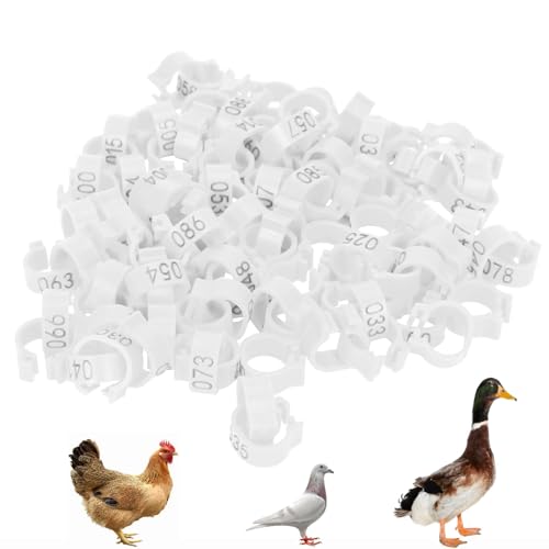Cyrank 100pcs Birds Foot Rings, 12mm 001‑100 Numbered Pigeon Leg Bands Ring Plastic Foot Bands Clip on Leg Rings for Chicks Opening Foot Ring for Pigeon Chicks Duck Dove(White)