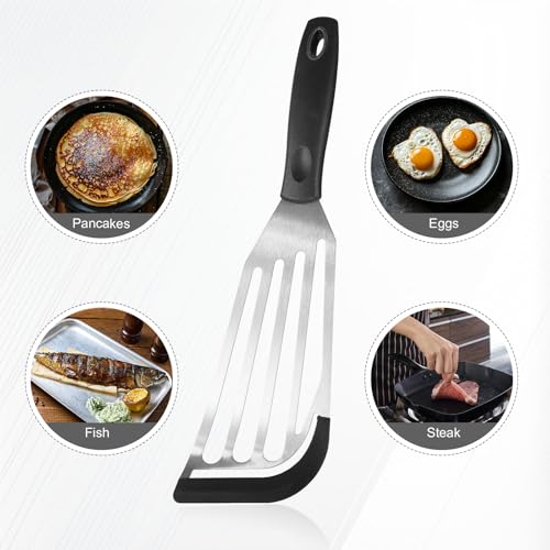 2pcs Fish Turner Spatulas, Silicone-Tip Slotted Nonstick Heat Resistant Metal Stainless Steel Fish Flipper Spatula for Kitchen Egg Pancake Omelette Cooking