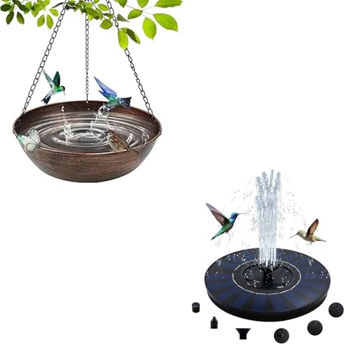 Hanging Bird Bath for Outside, 13" Metal Bird Bath Bowl with Chains + Solar Bird Bath Fountain Pump, 7.1" Hook Outdoor Hanging Birdbath for Tree