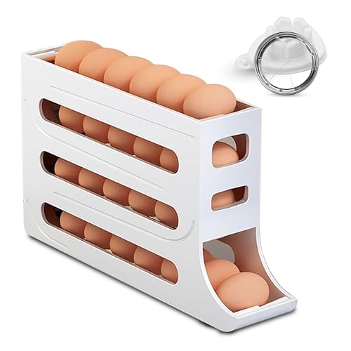 ZAYLAN Auto-Rolling Egg Holder for Fridge – 4-Tier Space-Saving Dispenser Holds 28 Eggs, White Organizer with FREE Flower Egg Cutter - color: WHITE