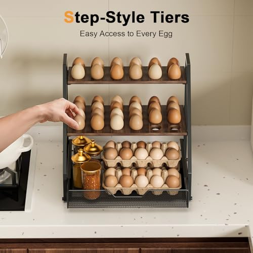 3-Tier Wooden Egg Holder with Basket, Holds 130+ Eggs | Sturdy wooden egg holder, holds 36+90 eggs, carry handle for easy gathering & transport. - size: 3 Tiers