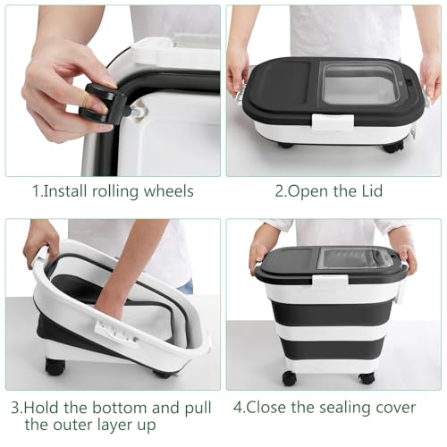 Dog Food Storage Container with Rolling Wheel and Airtight Lid, Black, 30LB | Foldable Food Storage Bins with Snap-Lid Seal to Keep Kibble, Pellets or Seeds Fresh for Dogs, Cats and Birds - color: 30 Lbs Black
