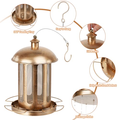 Bird Feeder, 4LB Large Capacity Bird Feeders for Outdoor Hanging | Heavy Duty Metal, 4 Perches, With Drain Holes, Wild Birdfeeder, For Outside Garden Yard Decor, Retro Lantern Shape - color: Brown