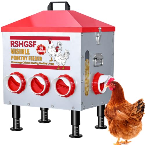Stainless Steel Automatic Chicken Feeder, 55 lb, 8 Feeding Ports, Waterproof, Rodent Free, Outdoor Metal Poultry Feeder with Adjustable Anti-Slip Feet
