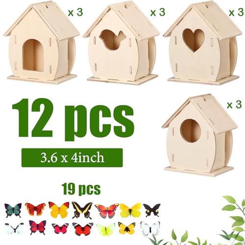 Outus 12 Pcs Wooden Birdhouse Craft Kits to Build, 4 Shapes Wooden Unfinished Bird House with Butterfly Sticker for and Arts Crafts Bulk Painting Kits (Lovely) - style: Lovely