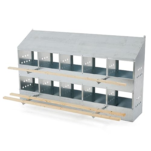 Brower 2-Tier 10-Hole Galvanized Steel Chicken Nesting Box, 50 to 60 Hen Capacity – Outdoor Poultry Laying Station with Hinged Folding Perches, Ventilated Design & Slanted Roof – Made in the USA | Outdoor Poultry Laying Station with Hinged Folding Perches