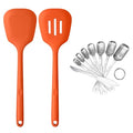 U-Taste 600ºF Heat Resistant Silicone Turners, 13.6in Long Solid & Slotted Kitchen Spatula, and 18/8 Stainless Steel Square Measuring Spoons Set of 8 (Orange+Silver)