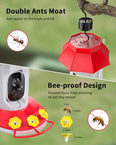 Smart Hummingbird Feeder with Camera, Solar Powered, AI Recognition | Bird Watching Camera for Outdoors, Live Videos, Ant Moat, Bee Proof, Nature Gifts for Bird Lovers - color: Red
