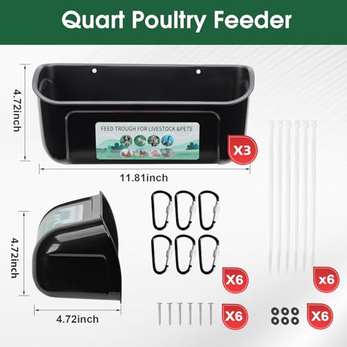 PIREKZUNT 3 Pack Chicken Duck Feeder, Poultry Feeders and Waterers, Hanging Goat Feeder, Livestock Feeding Container, Feed Trough and Waterer Bucket with Clips(Black) - color: 3 Pack Black