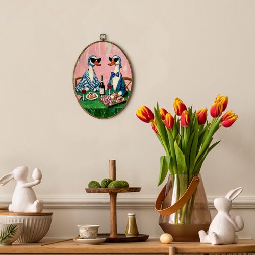EGVQK Vintage Funny Ducks Oval Wall Art, Whimsical Goose Wine Dinner Party Framed Canvas Prints Wall Art, Retro Quirky Duck Oval Canvas Hanging Decor for Kitchen Bar Dining Room Decorations,8.5x11.5in - color: animal_15