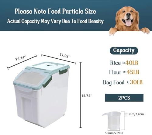 2 Pack Rice Storage Container with Measuring Cup 50 lb Flour Storage Container with Wheels, BPA Free Food Storage Container Dog Cat Food Bin Set for Dry Food Sugar, Cereal(Green) - color: Green 2Pack 50Lb