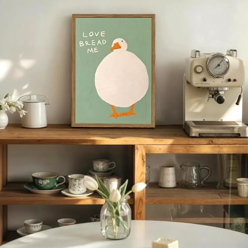 Cute Silly Goose Kitchen Wall Art Love Bread Me Quotes Wall Decor Painting, Funny White Duck Canvas Prints Picture for Farmhouse Kitchen Living Dining Room Bedroom 12x16 inch Wood Framed - color: Animal-K, size: 16"L x 12"W