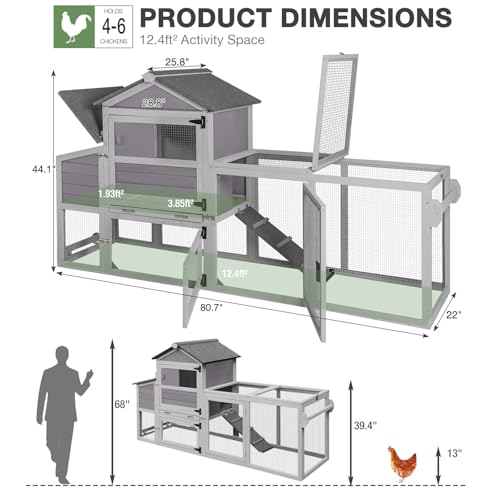 Mobile Chicken Coop with Wheels for 4-6 Chickens, Large Outdoor Hen House with Run, Weatherproof Asphalt Roof, Sectionable Nesting Box & Pull-Out Tray, 82.4" L x 25.8" W x 44.1" H - Grey - size: 82.4"L x 25.8"W x 44.1"H