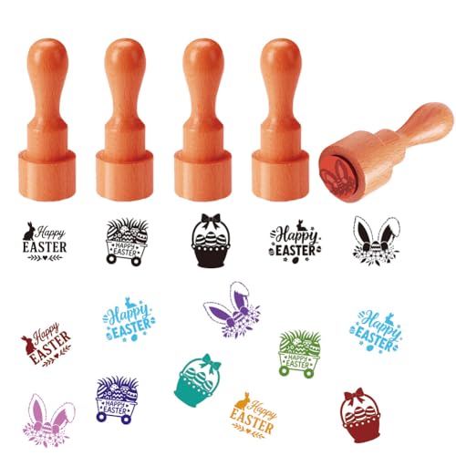 AHANDMAKER 5 Styles Easter Egg Stamps, Happy Easter Pattern Mini Wooden Rubber Stamp Unique Designs Egg Drawing Stamps for Easter Eggs Famers and Chicken Owners Scrapbooking Card Making - style: Happy Easter