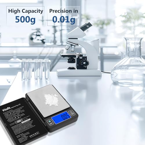 Vitafit 500g Digital Gram Scale in 0.01g, High Accuracy Assured by Built-in Level Bubble, Scale Professional Since 2001, Pocket Scale for Multi-Function: Kitchen, Food, Jewelry, Lab, Coffee, Black - color: Black, size: 4.8 x 3.3in