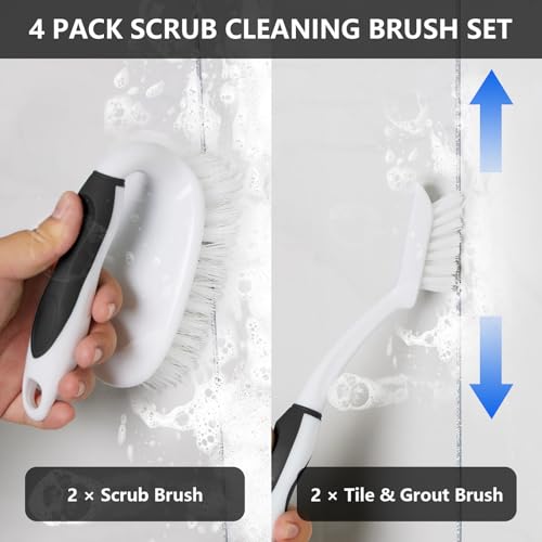 Scrub Brush Set, 4 Pack Deep Cleaning Brush Kit, Black | 2 Scrub Brush, 2 Tile & Grout Brush with Built-in Scraper, Household Commercial Scrubber for Floor, Shower, Pool Wall, Tub - color: Black