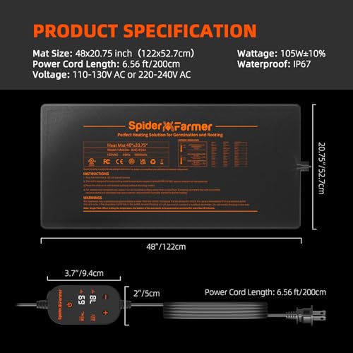 Spider Farmer 48"x20.75" Built-in Temperature Controller Seedling Heat Mat | MET & UL Certified, IP67 Waterproof Plant Heating Pad for Indoor Seed Starting Germination Hydroponics and Greenhouses - size: 48"x 20.75"
