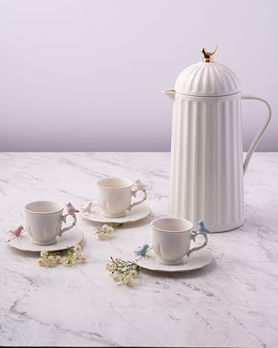 WOLFF 1 Liter White Bird Thermal Coffee Carafe, Plastic Exterior with Glass Lining Insulated Beverage Dispenser for Hot and Cold Drinks, Thermos Bottle for Tea, Water Pitcher - White, 34floz/1L - color: White