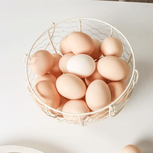 Farmhouse Fresh Eggs Collecting Basket With Handle，Vintage Style Metal Wire Eggs Holder Basket for Countertop Kitchen Storage Bin White - color: white