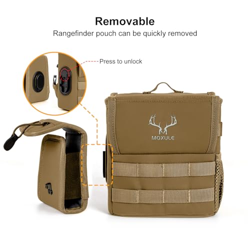 Binocular Harness Chest Pack - Rangefinder Pouch for Hunting Brown | Silent one-handed access, bino case with rain cover and removable pouch , MOLLE webbing for birdwatching and hiking - color: Wolf Brown