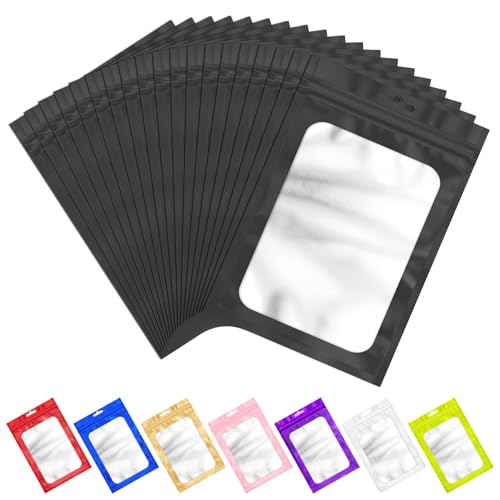 ANZNKU 100 Pcs Black Mylar Bags, Resealable Smell Proof Small Foil Pouches | 2.75x3.93", Frosted Clear Window, Plastic Packaging Bag for Small Business Candy Jewelry Treat Goodie Favor, Seal Zip Baggies - color: Black, size: 2.75×3.93 inches
