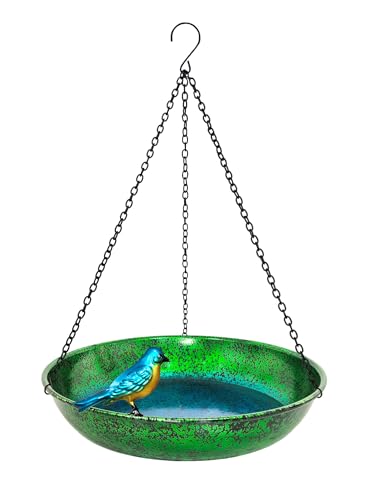 Hanging Bird Bath for Outside, 11” Metallic Green & Blue Metal Birdbath Bowl & Feeder with Black Chain Outdoor Garden Yard Decor (0.5 Gallon) - color: Metallic Green & Blue