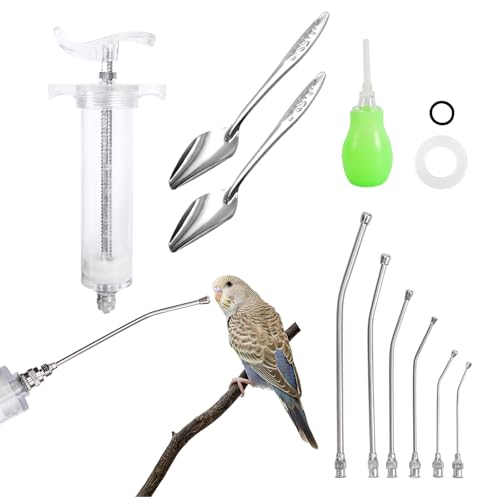 50ML Baby Bird Feeding Syringe Set Pet Syringe | With 6 Pcs Curved Gavage Feeding Tubes and Bird Drinker Stainless Steel Metal Feeding Spoon for Baby Birds Parrot Small Pet - size: 50ML